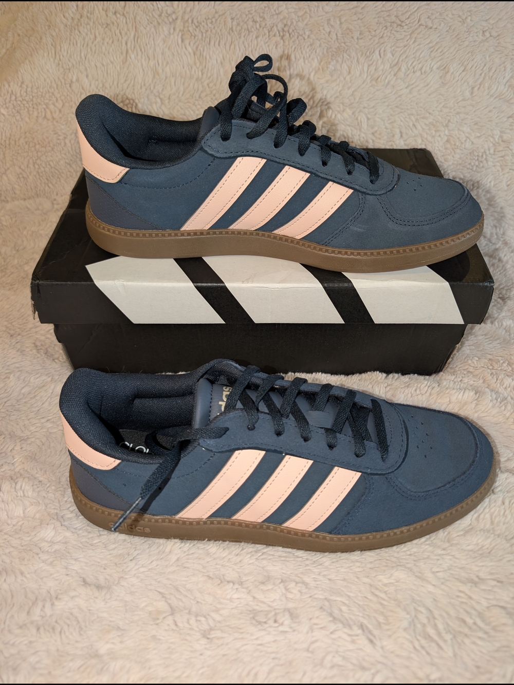adidas Women's Navy Blue Sneakers with Pink Stripes - Picture 2 of 7
